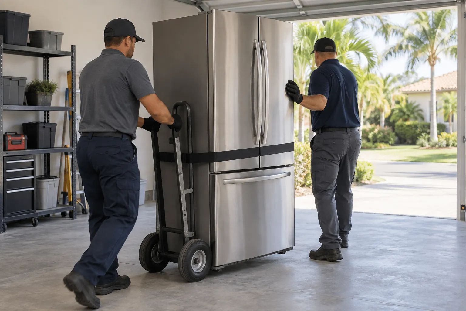 Two workers moving an upright refrigerator on a secured appliance dolly