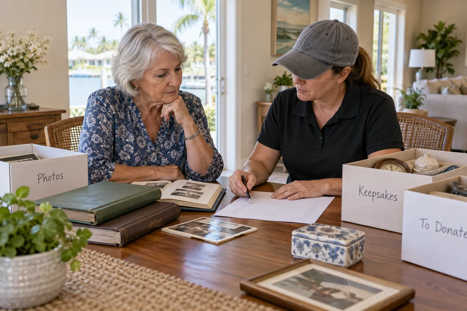 Two adults reviewing an inventory beside organized keepsake boxes and photo albums