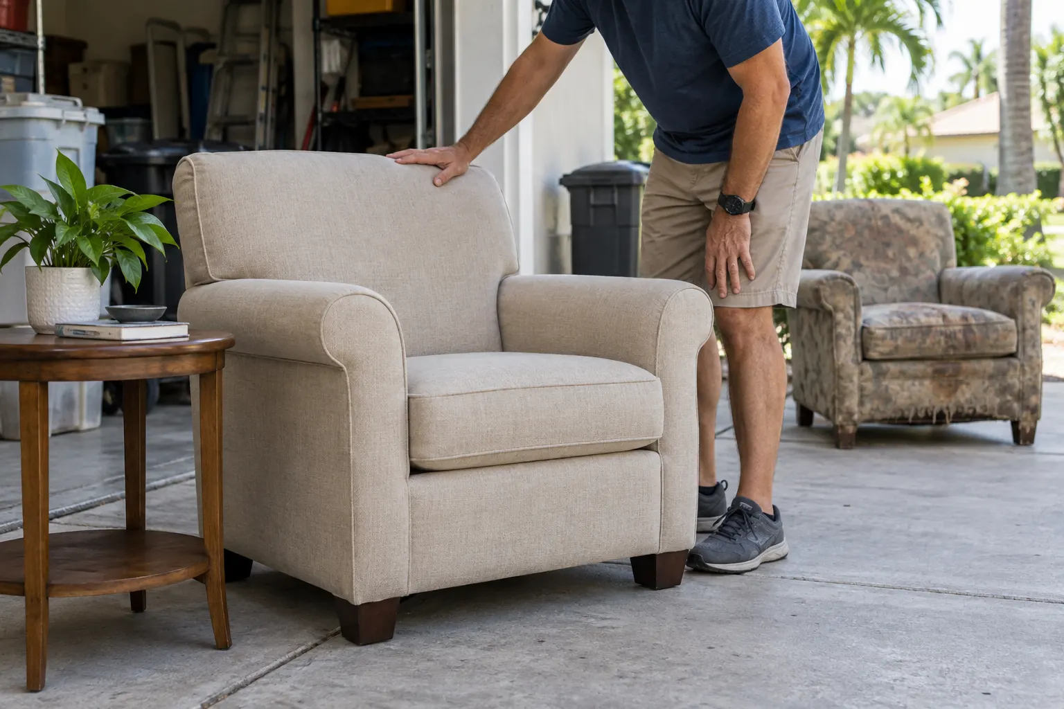 Homeowner comparing a clean armchair with a visibly worn chair near a garage