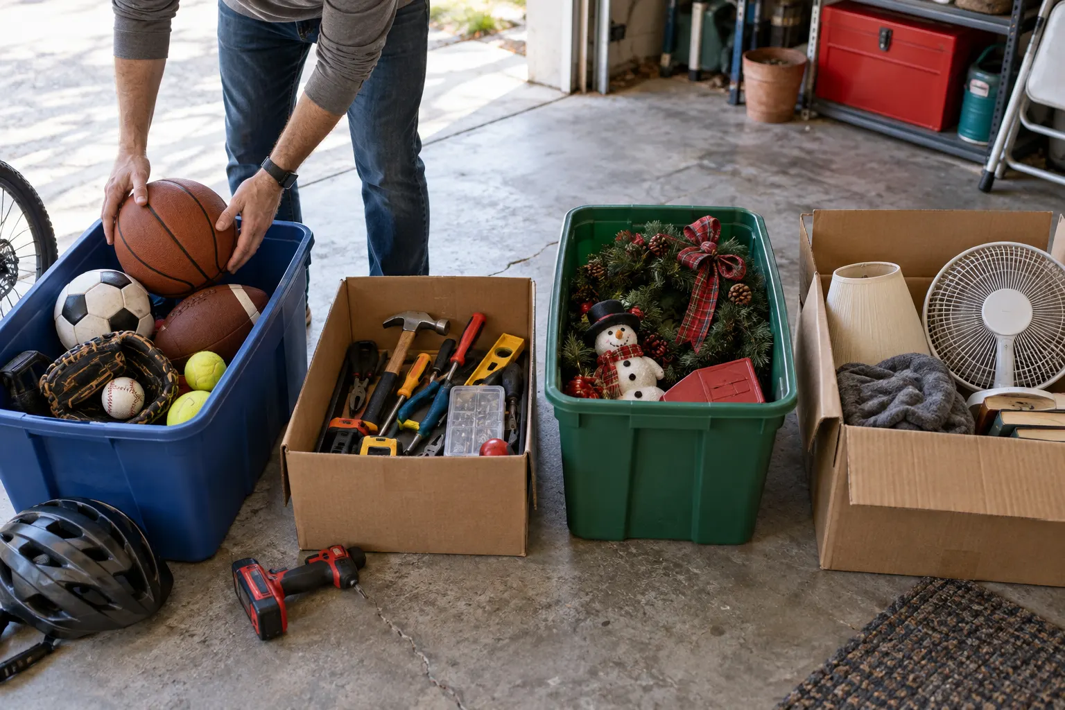 Homeowner sorting garage items into practical groups