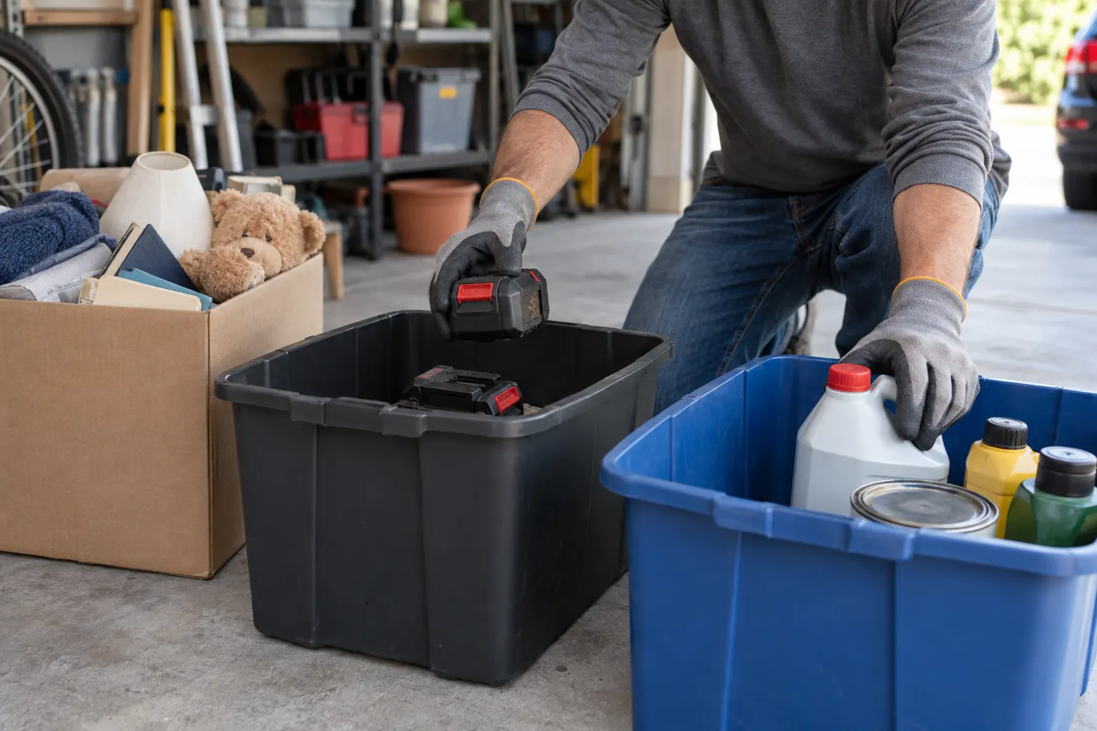 Homeowner separating rechargeable tool batteries and closed household chemical containers from ordinary items