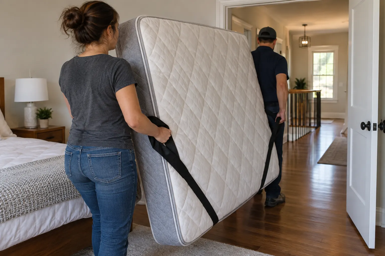 Two adults guiding a queen mattress through a clear bedroom doorway
